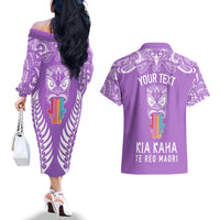 Personalised Kia Kaha Te Reo Maori Couples Matching Off The Shoulder Long Sleeve Dress and Hawaiian Shirt Hei Tiki Mix Koru - Purple LT7 - Polynesian Pride