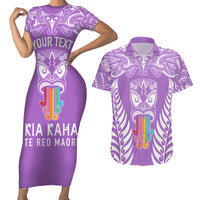 Personalised Kia Kaha Te Reo Maori Couples Matching Short Sleeve Bodycon Dress and Hawaiian Shirt Hei Tiki Mix Koru - Purple LT7 Purple - Polynesian Pride