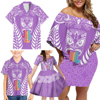 Personalised Kia Kaha Te Reo Maori Family Matching Off Shoulder Short Dress and Hawaiian Shirt Hei Tiki Mix Koru - Purple LT7 - Polynesian Pride