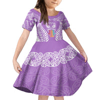 Personalised Kia Kaha Te Reo Maori Family Matching Short Sleeve Bodycon Dress and Hawaiian Shirt Hei Tiki Mix Koru - Purple LT7 Daughter's Dress Purple - Polynesian Pride