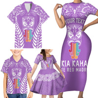 Personalised Kia Kaha Te Reo Maori Family Matching Short Sleeve Bodycon Dress and Hawaiian Shirt Hei Tiki Mix Koru - Purple LT7 - Polynesian Pride