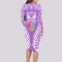 Personalised Kia Kaha Te Reo Maori Long Sleeve Bodycon Dress Hei Tiki Mix Koru - Purple LT7 - Polynesian Pride