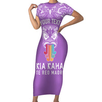 Personalised Kia Kaha Te Reo Maori Short Sleeve Bodycon Dress Hei Tiki Mix Koru - Purple LT7 Long Dress Purple - Polynesian Pride
