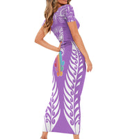 Personalised Kia Kaha Te Reo Maori Short Sleeve Bodycon Dress Hei Tiki Mix Koru - Purple LT7 - Polynesian Pride