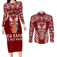 Personalised Kia Kaha Te Reo Maori Couples Matching Long Sleeve Bodycon Dress and Long Sleeve Button Shirts Hei Tiki Mix Koru - Red LT7 Red - Polynesian Pride