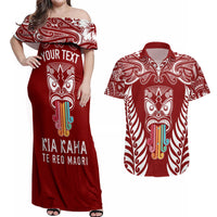 Personalised Kia Kaha Te Reo Maori Couples Matching Off Shoulder Maxi Dress and Hawaiian Shirt Hei Tiki Mix Koru - Red LT7 Red - Polynesian Pride