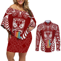 Personalised Kia Kaha Te Reo Maori Couples Matching Off Shoulder Short Dress and Long Sleeve Button Shirts Hei Tiki Mix Koru - Red LT7 Red - Polynesian Pride