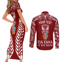 Personalised Kia Kaha Te Reo Maori Couples Matching Short Sleeve Bodycon Dress and Long Sleeve Button Shirts Hei Tiki Mix Koru - Red LT7 - Polynesian Pride