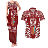 Personalised Kia Kaha Te Reo Maori Couples Matching Tank Maxi Dress and Hawaiian Shirt Hei Tiki Mix Koru - Red LT7 Red - Polynesian Pride