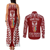 Personalised Kia Kaha Te Reo Maori Couples Matching Tank Maxi Dress and Long Sleeve Button Shirts Hei Tiki Mix Koru - Red LT7 - Polynesian Pride