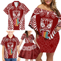 Personalised Kia Kaha Te Reo Maori Family Matching Off Shoulder Short Dress and Hawaiian Shirt Hei Tiki Mix Koru - Red LT7 - Polynesian Pride