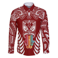 Personalised Kia Kaha Te Reo Maori Family Matching Puletasi Dress and Hawaiian Shirt Hei Tiki Mix Koru - Red LT7 Dad's Shirt - Long Sleeve Red - Polynesian Pride
