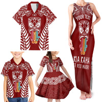 Personalised Kia Kaha Te Reo Maori Family Matching Tank Maxi Dress and Hawaiian Shirt Hei Tiki Mix Koru - Red LT7 - Polynesian Pride