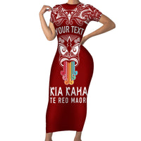 Personalised Kia Kaha Te Reo Maori Short Sleeve Bodycon Dress Hei Tiki Mix Koru - Red LT7 Long Dress Red - Polynesian Pride