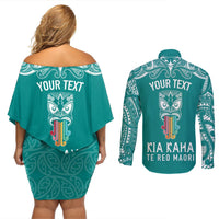 Personalised Kia Kaha Te Reo Maori Couples Matching Off Shoulder Short Dress and Long Sleeve Button Shirts Hei Tiki Mix Koru - Teal LT7 - Polynesian Pride