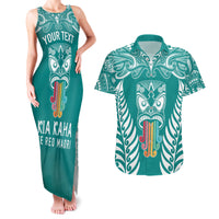 Personalised Kia Kaha Te Reo Maori Couples Matching Tank Maxi Dress and Hawaiian Shirt Hei Tiki Mix Koru - Teal LT7 Teal - Polynesian Pride