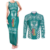 Personalised Kia Kaha Te Reo Maori Couples Matching Tank Maxi Dress and Long Sleeve Button Shirts Hei Tiki Mix Koru - Teal LT7 Teal - Polynesian Pride