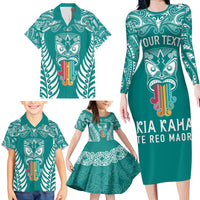 Personalised Kia Kaha Te Reo Maori Family Matching Long Sleeve Bodycon Dress and Hawaiian Shirt Hei Tiki Mix Koru - Teal LT7 - Polynesian Pride
