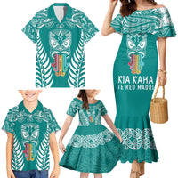 Personalised Kia Kaha Te Reo Maori Family Matching Mermaid Dress and Hawaiian Shirt Hei Tiki Mix Koru - Teal LT7 - Polynesian Pride