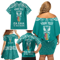 Personalised Kia Kaha Te Reo Maori Family Matching Off Shoulder Short Dress and Hawaiian Shirt Hei Tiki Mix Koru - Teal LT7 - Polynesian Pride