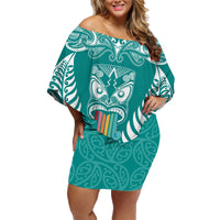 Personalised Kia Kaha Te Reo Maori Family Matching Off Shoulder Short Dress and Hawaiian Shirt Hei Tiki Mix Koru - Teal LT7 Mom's Dress Teal - Polynesian Pride