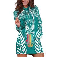 Personalised Kia Kaha Te Reo Maori Hoodie Dress Hei Tiki Mix Koru - Teal LT7 Teal - Polynesian Pride