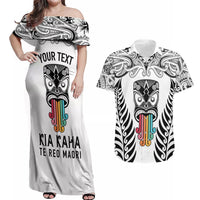 Personalised Kia Kaha Te Reo Maori Couples Matching Off Shoulder Maxi Dress and Hawaiian Shirt Hei Tiki Mix Koru - White LT7 White - Polynesian Pride