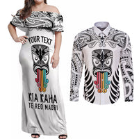 Personalised Kia Kaha Te Reo Maori Couples Matching Off Shoulder Maxi Dress and Long Sleeve Button Shirts Hei Tiki Mix Koru - White LT7 White - Polynesian Pride