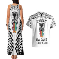 Personalised Kia Kaha Te Reo Maori Couples Matching Tank Maxi Dress and Hawaiian Shirt Hei Tiki Mix Koru - White LT7 - Polynesian Pride