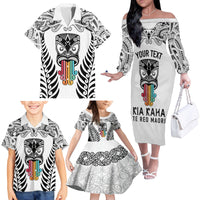 Personalised Kia Kaha Te Reo Maori Family Matching Off Shoulder Long Sleeve Dress and Hawaiian Shirt Hei Tiki Mix Koru - White LT7 - Polynesian Pride