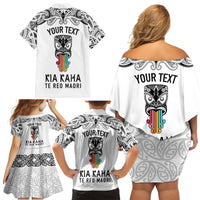 Personalised Kia Kaha Te Reo Maori Family Matching Off Shoulder Short Dress and Hawaiian Shirt Hei Tiki Mix Koru - White LT7 - Polynesian Pride