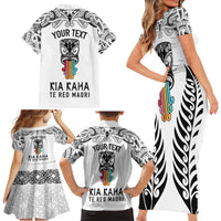 Personalised Kia Kaha Te Reo Maori Family Matching Short Sleeve Bodycon Dress and Hawaiian Shirt Hei Tiki Mix Koru - White LT7 - Polynesian Pride