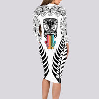 Personalised Kia Kaha Te Reo Maori Long Sleeve Bodycon Dress Hei Tiki Mix Koru - White LT7 - Polynesian Pride