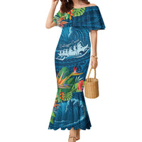 Outrigger Canoe Blue Family Matching Mermaid Dress and Hawaiian Shirt On The Waves LT7 Mom's Dress Blue - Polynesian Pride