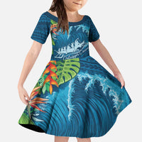Outrigger Canoe Blue Family Matching Off The Shoulder Long Sleeve Dress and Hawaiian Shirt On The Waves LT7 Daughter's Dress Blue - Polynesian Pride