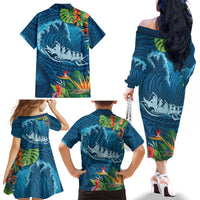 Outrigger Canoe Blue Family Matching Off The Shoulder Long Sleeve Dress and Hawaiian Shirt On The Waves LT7 - Polynesian Pride