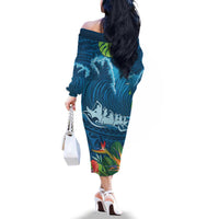 Outrigger Canoe Blue Family Matching Off The Shoulder Long Sleeve Dress and Hawaiian Shirt On The Waves LT7 - Polynesian Pride