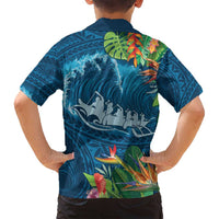 Outrigger Canoe Blue Family Matching Off Shoulder Maxi Dress and Hawaiian Shirt On The Waves LT7 - Polynesian Pride