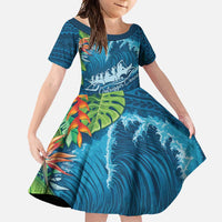 Outrigger Canoe Blue Family Matching Off Shoulder Maxi Dress and Hawaiian Shirt On The Waves LT7 Daughter's Dress Blue - Polynesian Pride
