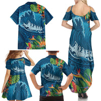 Outrigger Canoe Blue Family Matching Summer Maxi Dress and Hawaiian Shirt On The Waves LT7 - Polynesian Pride