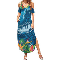 Outrigger Canoe Blue Family Matching Summer Maxi Dress and Hawaiian Shirt On The Waves LT7 Mom's Dress Blue - Polynesian Pride