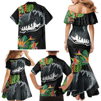 Outrigger Canoe Black Family Matching Mermaid Dress and Hawaiian Shirt On The Waves LT7 - Polynesian Pride