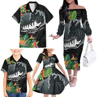 Outrigger Canoe Black Family Matching Off The Shoulder Long Sleeve Dress and Hawaiian Shirt On The Waves LT7 - Polynesian Pride