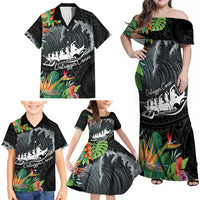 Outrigger Canoe Black Family Matching Off Shoulder Maxi Dress and Hawaiian Shirt On The Waves LT7 - Polynesian Pride