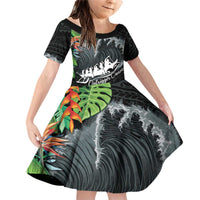 Outrigger Canoe Black Family Matching Off Shoulder Short Dress and Hawaiian Shirt On The Waves LT7 Daughter's Dress Black - Polynesian Pride