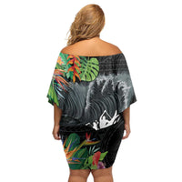 Outrigger Canoe Black Family Matching Off Shoulder Short Dress and Hawaiian Shirt On The Waves LT7 - Polynesian Pride