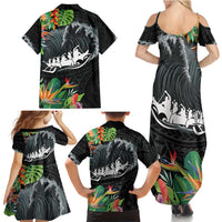 Outrigger Canoe Black Family Matching Summer Maxi Dress and Hawaiian Shirt On The Waves LT7 - Polynesian Pride