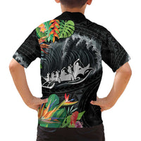 Outrigger Canoe Black Family Matching Tank Maxi Dress and Hawaiian Shirt On The Waves LT7 - Polynesian Pride