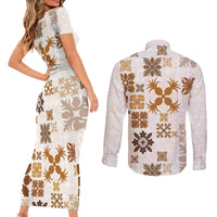 Vintage Hawaii Couples Matching Short Sleeve Bodycon Dress and Long Sleeve Button Shirts Hawaiian Quilt Kapa Mismatch Beige LT7 - Polynesian Pride