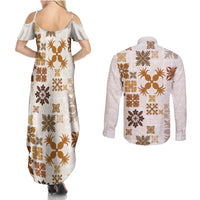 Vintage Hawaii Couples Matching Summer Maxi Dress and Long Sleeve Button Shirts Hawaiian Quilt Kapa Mismatch Beige LT7 - Polynesian Pride